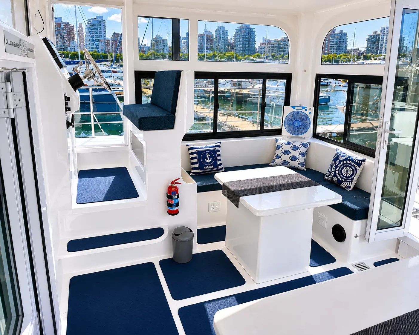 Vaquita's covered aft workstation: L-shaped bench seating and a table beneath an elevated starboard helm station, with a marina view through wraparound windows.