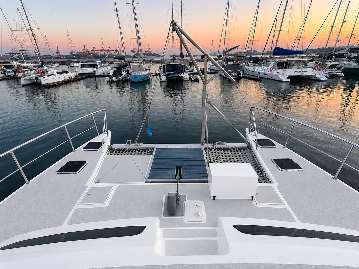 Vaquita's foredeck at dusk looking forward: a stainless hoist gantry over the deck hatches, windlass, and trampoline nets, with a marina beyond.
