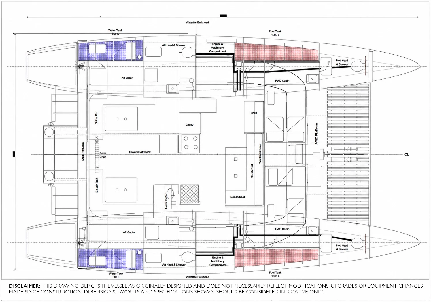 General arrangement drawing of Vaquita: labelled top-down view of the catamaran showing both hulls with cabins, heads and showers fore and aft, fresh-water and fuel tanks, engine and machinery compartments, the central saloon and galley with bench seating, and the aft deck. A disclaimer notes the drawing depicts the vessel as originally designed and may not reflect later modifications.